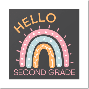 Hello Second Grade Boho Rainbow Back to School Posters and Art